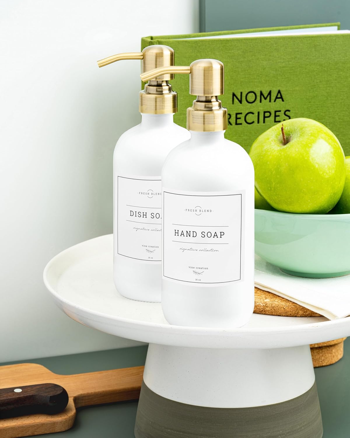 Vine Creations White Glass Soap Dispenser, 2 Pack Kitchen Soap Dispenser Set with Stainless Steel Pump, 16 oz Dish Soap and Hand Soap Dispensers for Bathroom with Waterproof Labels