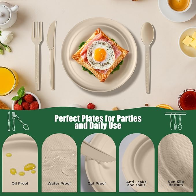 250 Piece Biodegradable Paper Plates Set Disposable Dinnerware Set, Eco Friendly Compostable (EXTRA LONG UTENSILS), Utensil include, Forks, Knives and Spoons for Party andBirthday party, camping