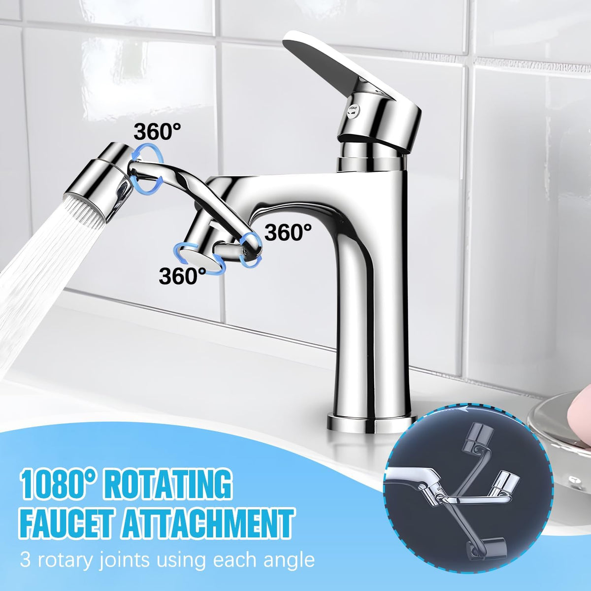 Universal Sink Faucet 1440° Rotatable Faucet Aerator Extension, U Shaped Faucet Extender for Toddlers 2 Modes Adjustable, Flexiflow 1080° Rotating Faucet Extender for Bathroom Sink/Kitchen(Silver)