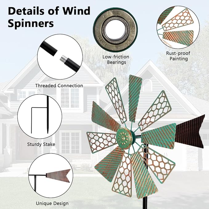 Viveta Wind Spinners Outdoor,13”Kinetic Wind Spinner Metal Vintage Windmill for Outdoor Garden Patio Yard Decor,Green