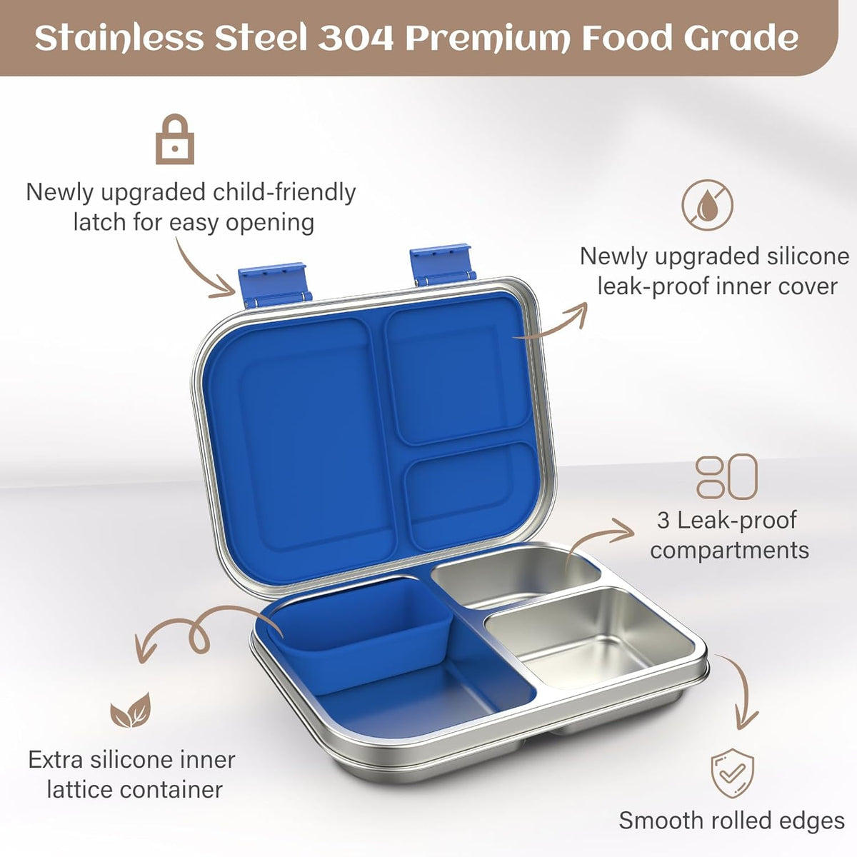 Stainless Steel Bento Box Kids, 3 Compartments Leak Proof Metal Bento Lunch Box, 304 Stainless Steel Bento Lunch Containers for School and Office,Dishwasher Safe, BPA-Free-Blue