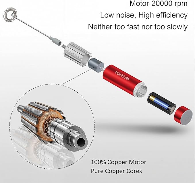 Milk Frother Handheld, Battery Operated Coffee Foamer Drink Mixer with 2 Stainless Steel Electric Whisks for Coffee, Latte, Cappuccino, Hot Chocolate, Protein， Batteries Included, Ruby Red