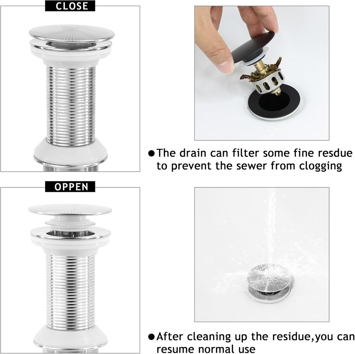 Bathroom Sink Drain,4 Pack Drain Stopper Without Overflow,Pop Up Drain Assembly with Detachable Strainer Basket,Built-in Anti-Clogging, Stainless Steel Nut Brushed Nickel