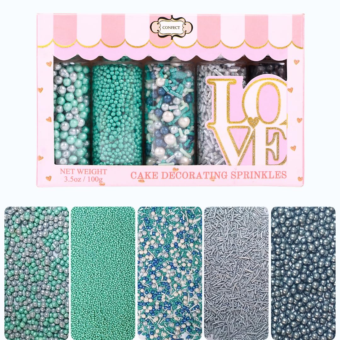 Confect Edible Sprinkles | Navy Blue & Teal Dragees, Green & White Jimmies, Bright Blue Sparkling Sugar | Baking Toppings & Decorations | Sprinkle for Cake & Cupcake Decorating – Vegan, Gluten-Free, Nut-Free, Soy-Free, Dairy-Free, Palm Oil-Free-5 Oz