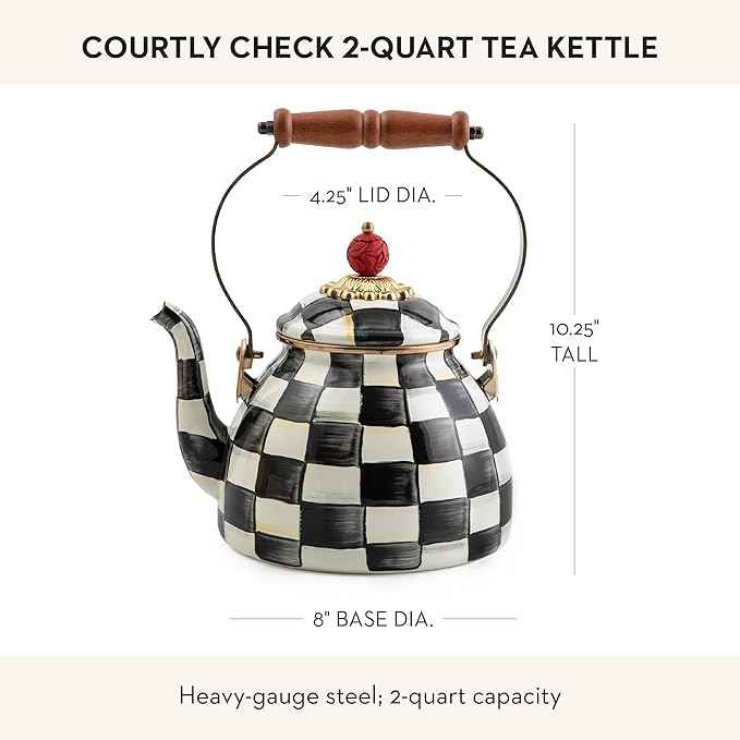 MACKENZIE-CHILDS Enamel Tea Kettle, Stylish Tea Kettle for Stovetop, Black-and-White Courtly Check, 2 Quarts
