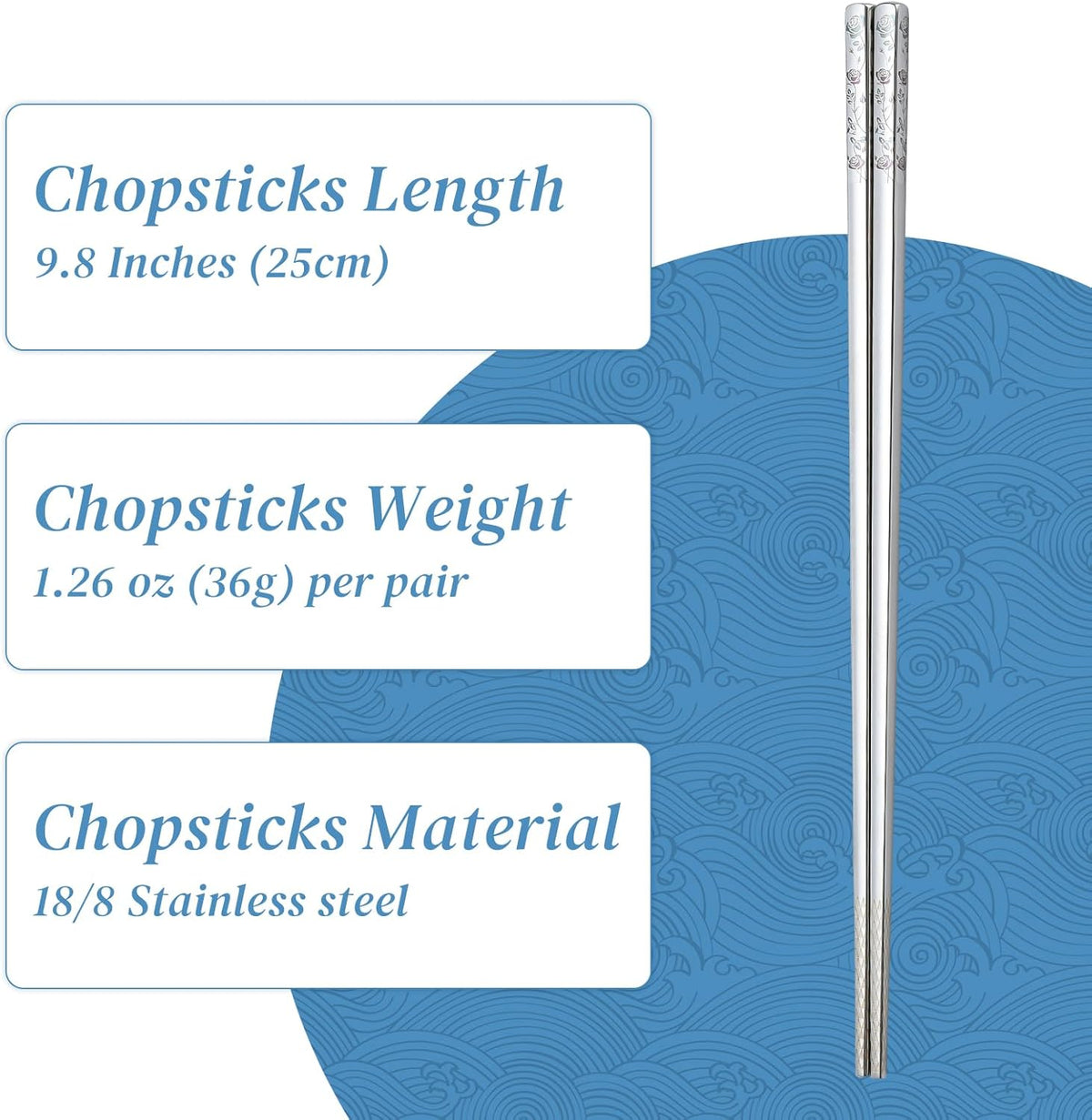 Stainless Steel Chopsticks, Titanium Plated Metal Chopsticks, 9.8" Premium Japanese Korean Color Laser Engraved Cooking Chop Sticks, Dishwasher Safe, Reusable, Anti-slip, Anti-scald, 2 Pairs Gift Set
