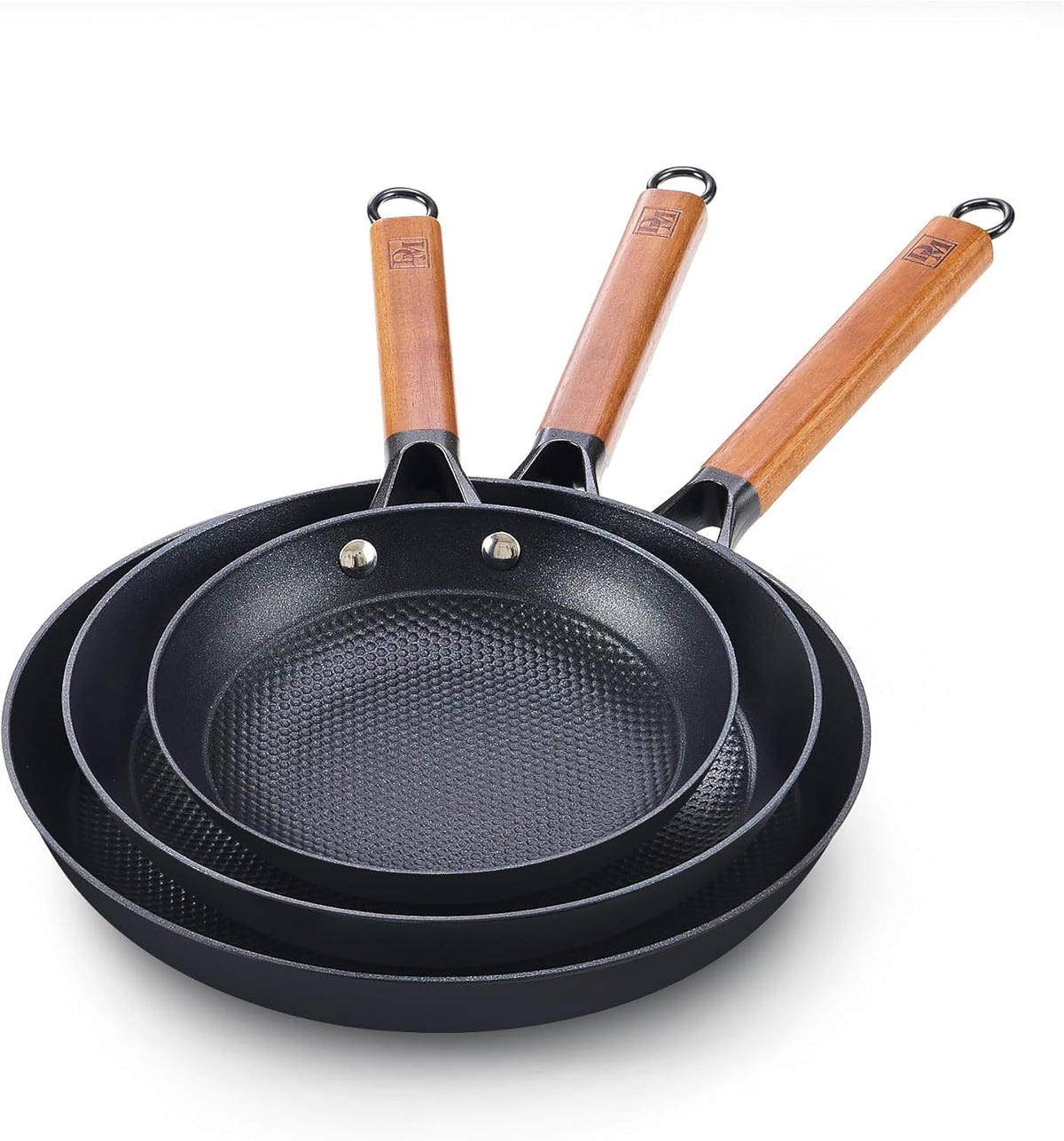 DM Cast Iron Skillet, 3 Piece Nonstick Frying Pan Set, 8” 10” 12” with Detachable Acacia Wooden Handle, Honeycomb Non stick Omelet Egg Pan, Easy Clean Oven Safe Pans for Cooking