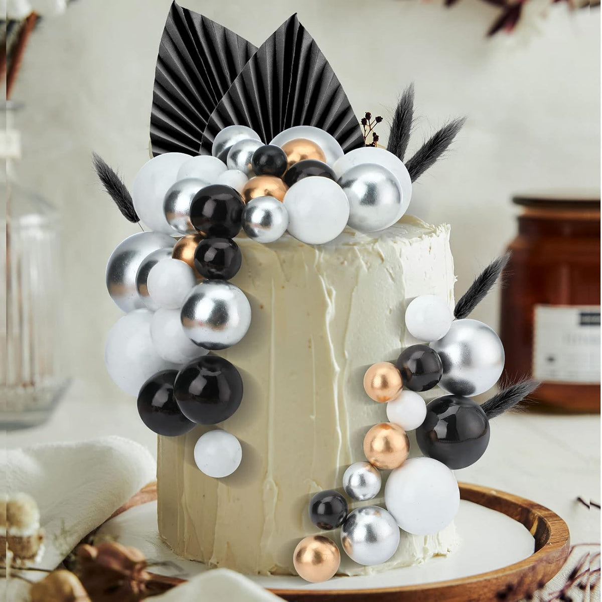 108 Pcs Balls Cake Topper DIY Cupcake Insert Foam Balloons for Cake Baking Wedding Anniversary Birthday Decoration(Black, Silver, White, Gold,Multi Sizes)