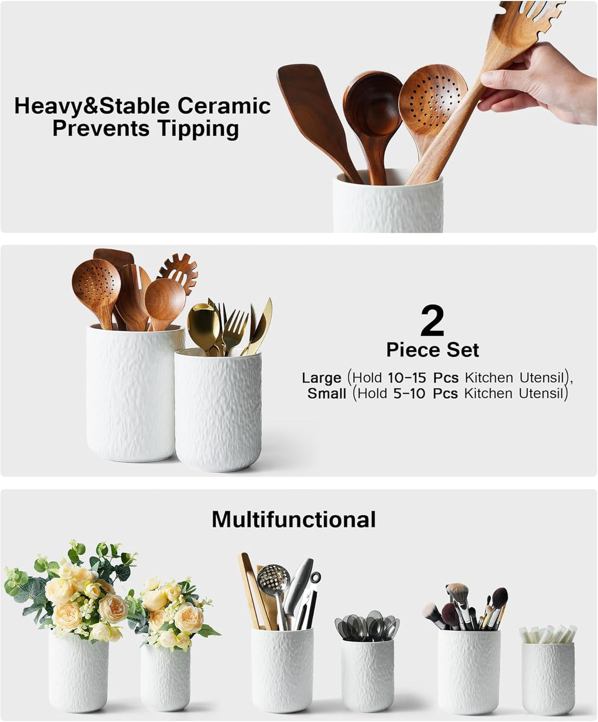 Set of 2 Utensil Holder, 7"+5" Ceramic Kitchen Utensil Holder for Countertop, Large Cooking Utensil Crocks for Counter, Morden Utensil Organizer for Spatula, Kitchen Decor (White)