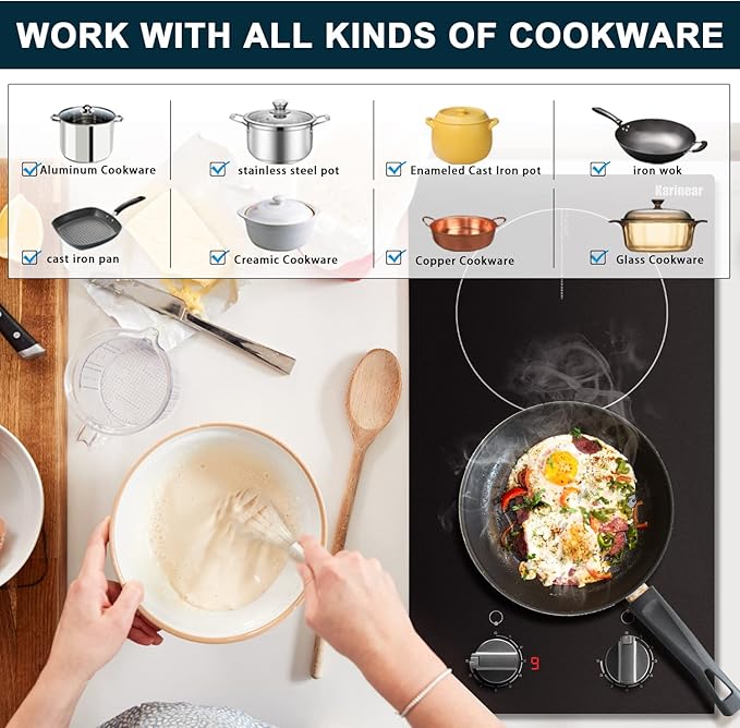 Karinear 110v Electric Cooktop 2 Burners, 12'' Electric Stove Top with Plug in, Knob Control Countertop & Built-in Ceramic Cooktop, 9 Heating Level, Hot Warning, Over-Temperature Protection