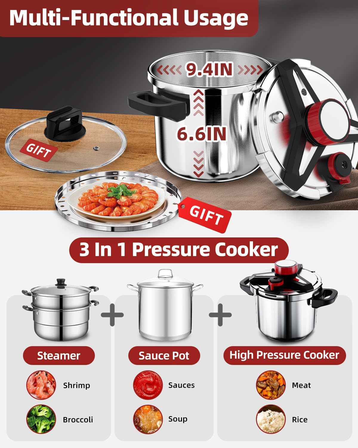 3-In-1 Stainless Steel Pressure Cooker 6.3 QT: [Save 70% Time] [3 PSI Settings], One-Hand Locking, Induction Compatible, Glass Lid & Steamer Rack Included, Olla de Presion