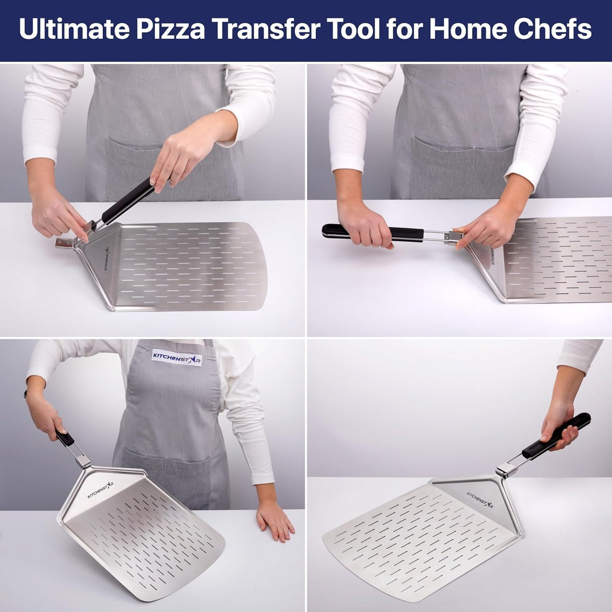 KitchenStar 12-inch Perforated Pizza Peel with Folding Handle - Stainless Steel Spatula Paddle for Effortless Pizza Transfer & Easy Storrage - Dishwasher Safe Pizza Oven Accessories