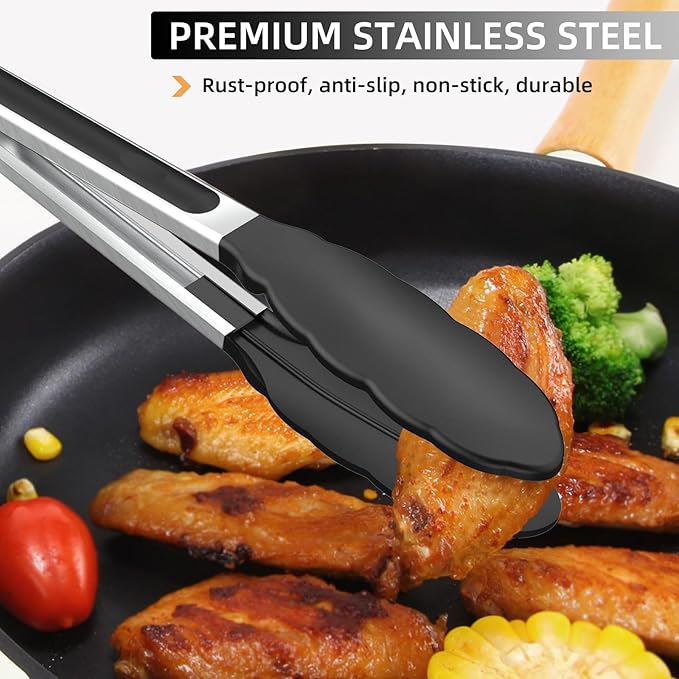 NileHome Tongs for Cooking, Professional Stainless Steel Cooking Tongs – Heat-Resistant for Grilling, BBQ, Serving Salad, Pasta, and Kitchen Use, Dishwasher Safe, Set of 7" 9" 12", Black
