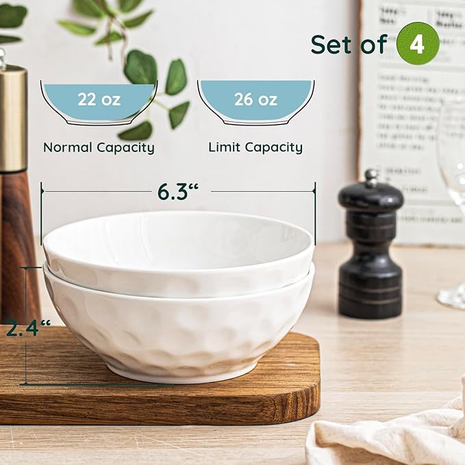 Ceramic Serving Bowls, 6.3 Inch, Set of 4, White, Porcelain, Modern, Oven & Microwave Safe, 25.7 oz Capacity