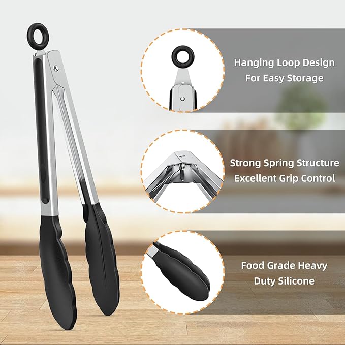 NileHome Tongs for Cooking, Professional Stainless Steel Cooking Tongs – Heat-Resistant for Grilling, BBQ, Serving Salad, Pasta, and Kitchen Use, Dishwasher Safe, Set of 7" 9" 12", Black