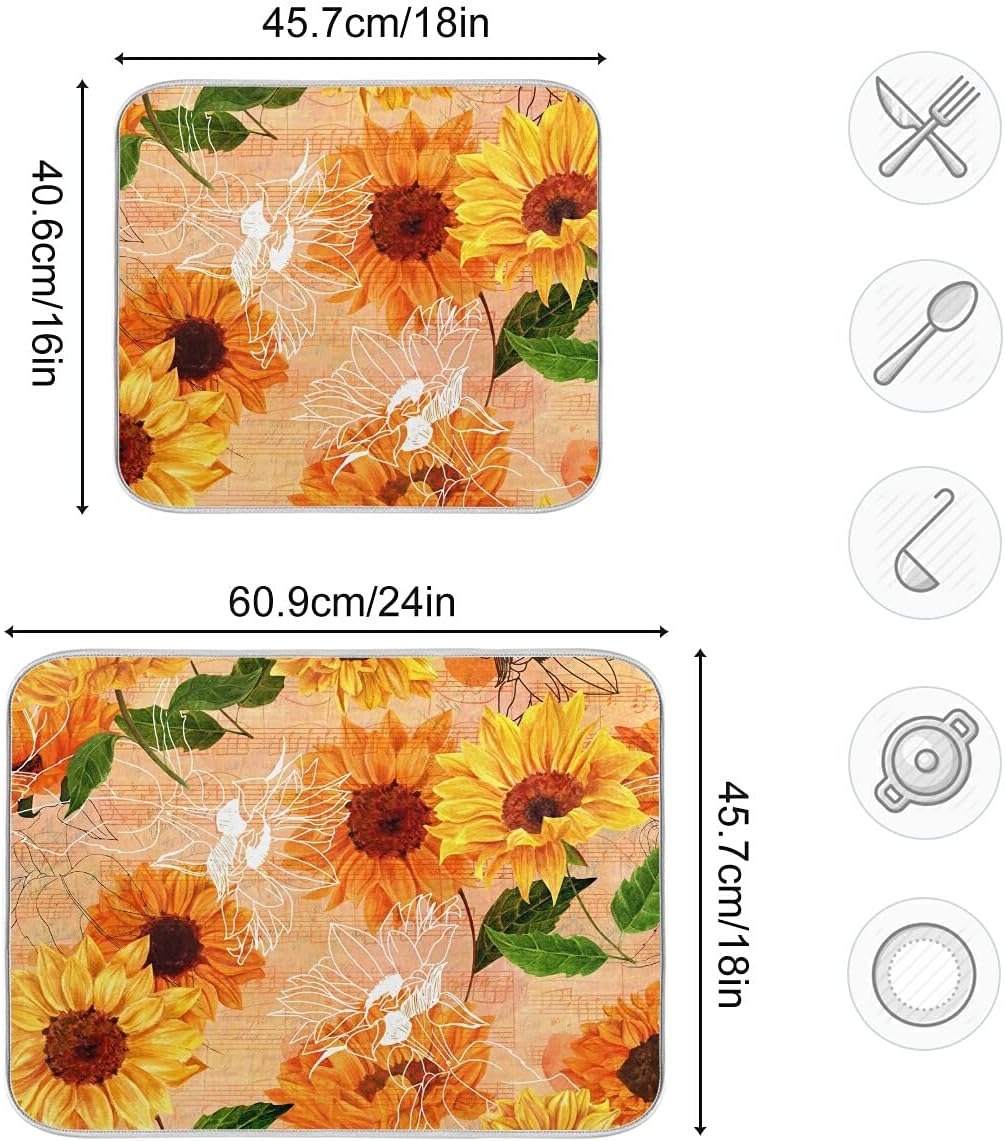 Super Absorbent Dish Drying Mat, Microfiber Fast-Drying Dish Mat, 24" x 18", Kitchen Dish Drying Pad, Watercolor Sunflowers