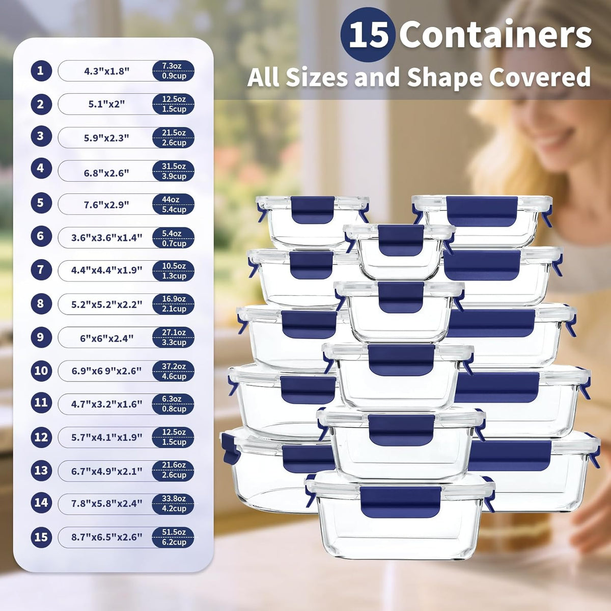 GENICOOK 30 Pieces Glass Food Storage Containers with Snap Locking Lids,Glass Meal Prep Containers Set - Airtight Lunch Containers, Microwave, Oven, Freezer and Dishwasher BLUE