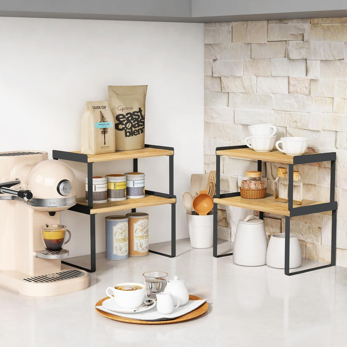 Kitchen Cabinet Organizer Shelves Set of 4, Expandable Counter Shelf Rack for Plate Dish Cup Mug Spice, Stackable Shelf Riser for Pantry Cupboard Desk Top Corner Storage (Bamboo, Black)