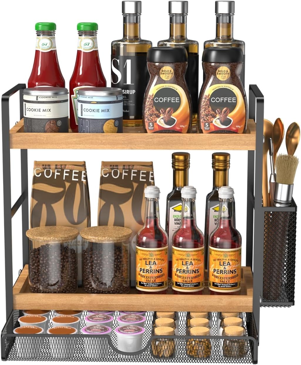 2 Tier Spice Rack Organizer for Countertop with Drawer and Basket, Suitable for Coffee Organizer, Kitchen Counter Storage, Bathroom Storage
