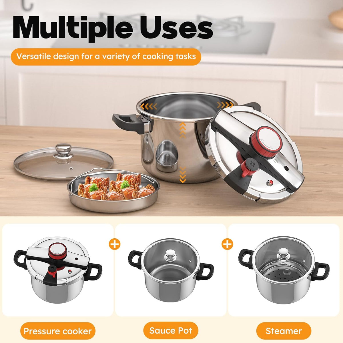 BreeRainz 8.45QT 304 Stainless Steel Pressure Cooker, 3-Stage PSI Settings, One-Hand Locking,Explosion-Proof Pot w/Extra Glass Lid, Timer, Steaming Rack(Induction Compatible)