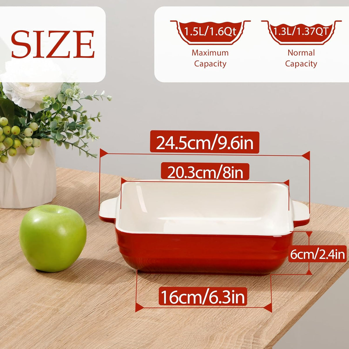 NUTRIUPS 8x8x2.4 inch Square Baking Dish, 50 Oz /1.6 Qt Ceramic Baking Pan with Handles, Casserole Dish for Oven, Porcelain Bakeware (Gradient Red)