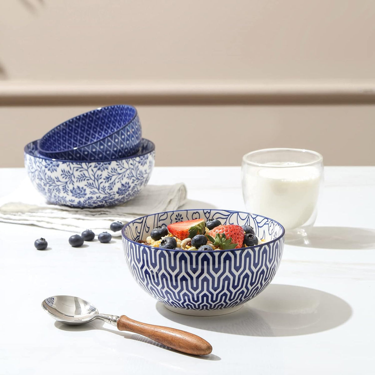 Selamica Ceramic Cereal Bowls Set of 6, 24 Oz Deep Soup Bowls for Kitchen, 5.9 Inch Porcelain Dessert Bowls for Salad, Pasta, Oatmeal, Ramen, Microwave Dishwasher Safe, Set of 6, Vintage Blue