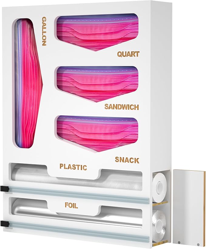 6 in 1 Bag Organizer and Wrap Dispenser with Magnetic Lid - Plastic Wrap Dispenser with Cutter for Kitchen Drawer, Storage for Gallon, Quart, Sandwich, Snack Bags, and Foil White