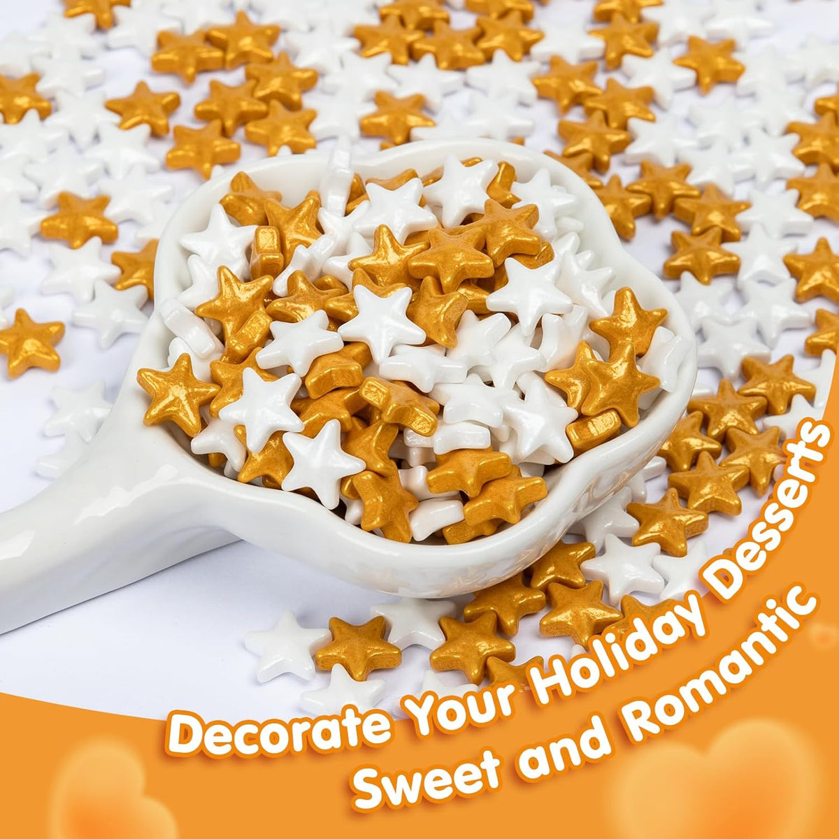 Edible Star Sugar Sprinkles, Gold and White Mix Size,Candy Star Sprinkle for Cake Decorations and Cupcake Toppers, Ice Cream, Wedding Party Valentines Christmas Supplies 130g/4.58ounce