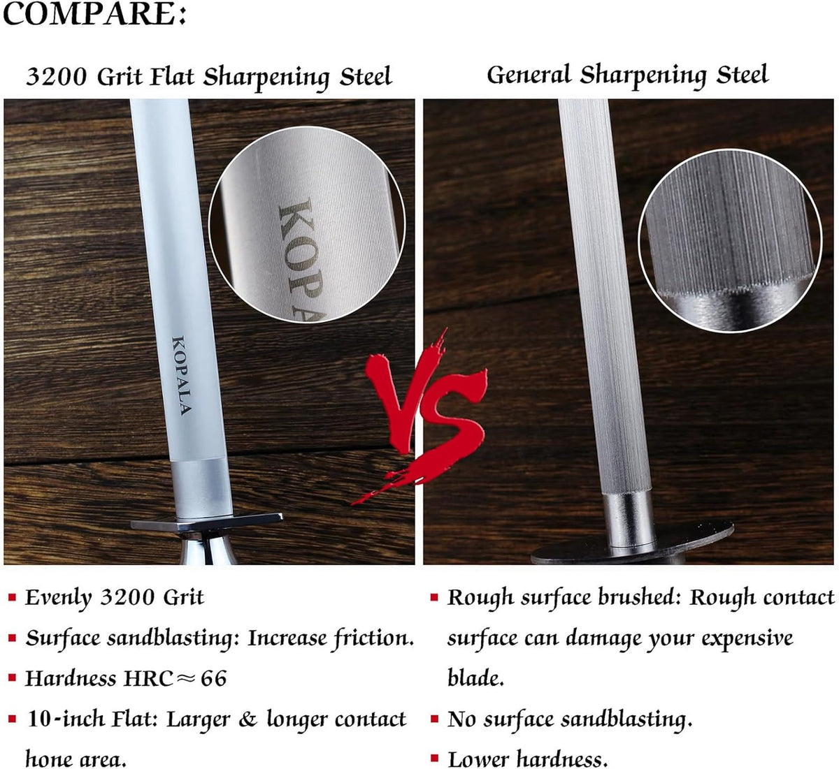 Sharpening Steel Knife Sharpener Rod Flat 10 Inches Honing Steel for Knives Red