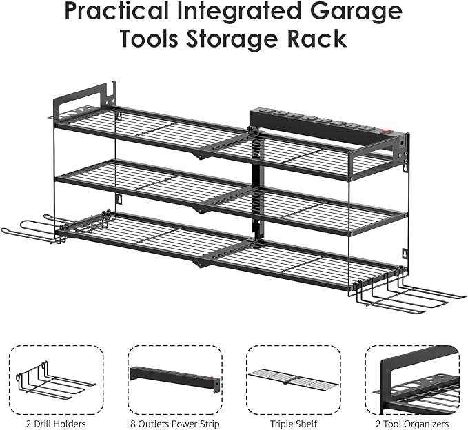 CCCEI Large Garage Tools Storage with Charging Station. Power Tool Battery Organizer Utility Shelf with Power Strip. 4 Drills Holder Wall Mount Rack, Black 3 Layer.