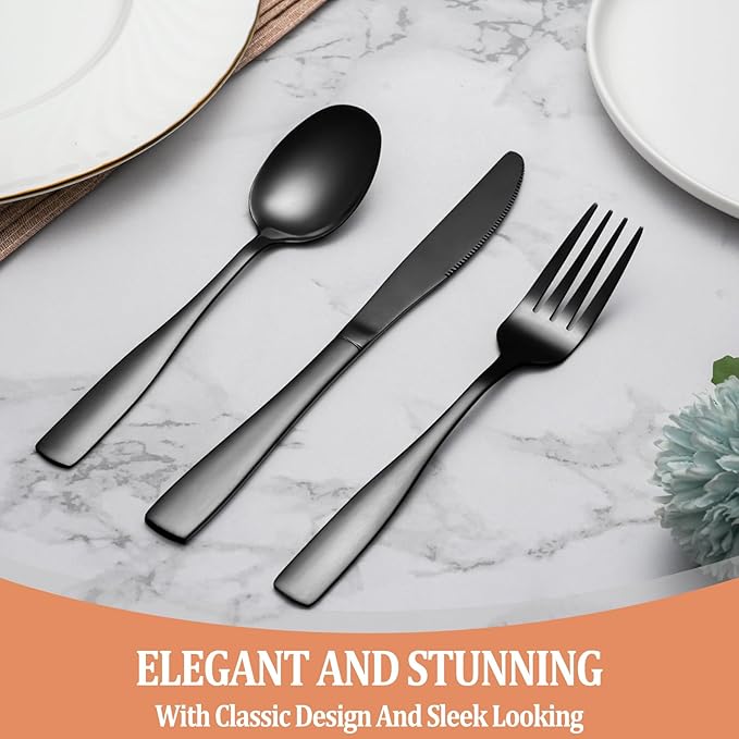 40 Pcs Black Silverware Set, Stainless Steel Flatware Set for 8, Food-Grade Cutlery Set, Mirror Polished Tableware Eating Utensils Set for Home Kitchen, Include Knife Fork Spoon Set, Dishwasher Safe