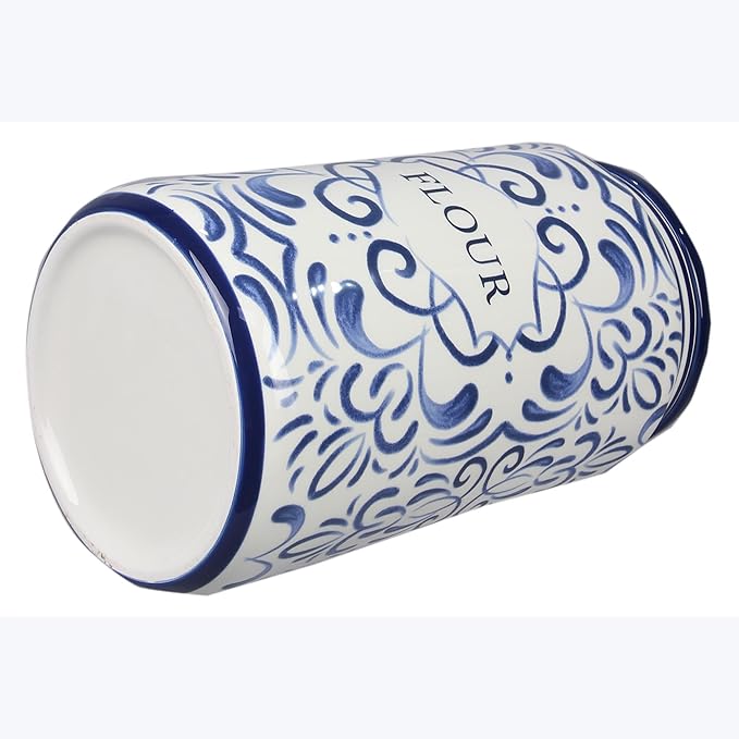 Young's Inc. 4 Pcs Set Talavera Ceramic Canisters- Storage Container for Kitchen and Bathroom - Beautiful Home Decor Accent to Store Food, Coffee, Tea, and More - White, Blue