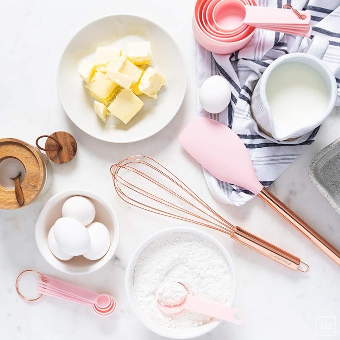 Copper and Pink Kitchen Utensils Set - 17-Piece Silicone Cooking Tools with Copper Utensil Holder and Pink Measuring Cups and Spoons for Baking and Everyday Cooking - Stylish Kitchen Accessories