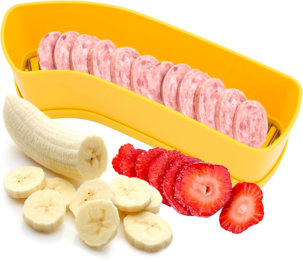 Fruit Slicer Banana Cutter, Strawberry Slicer, Cucumber, Speed for Egg Hot Dog Grape, Strawberry Cutter kitchen gadget(Yellow)