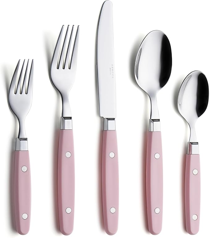 ANNOVA Silverware Set, Retro/Rivet Colorful Stainless Steel Tableware Kitchen Flatware Set Utensils, Includes Dinner Knives, Forks, Spoons, Salad Forks & Dessert Spoons (Light Pink, 20 Pieces)