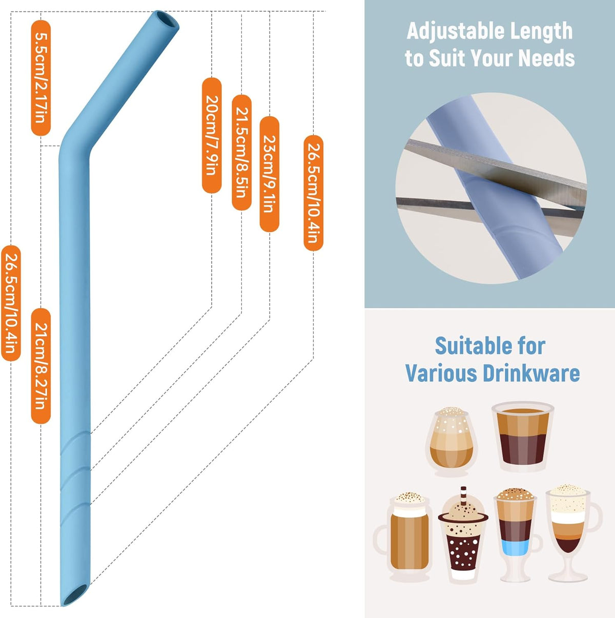 NiHome 6PCS Extra Wide Reusable Bent Silicone Straws for Boba, Smoothies, Bubble Tea, Bent Straws for Thick Drinks, Child-Safe, Customizable Length, 2 Brushes Easy Cleaning (Ocean Colors)