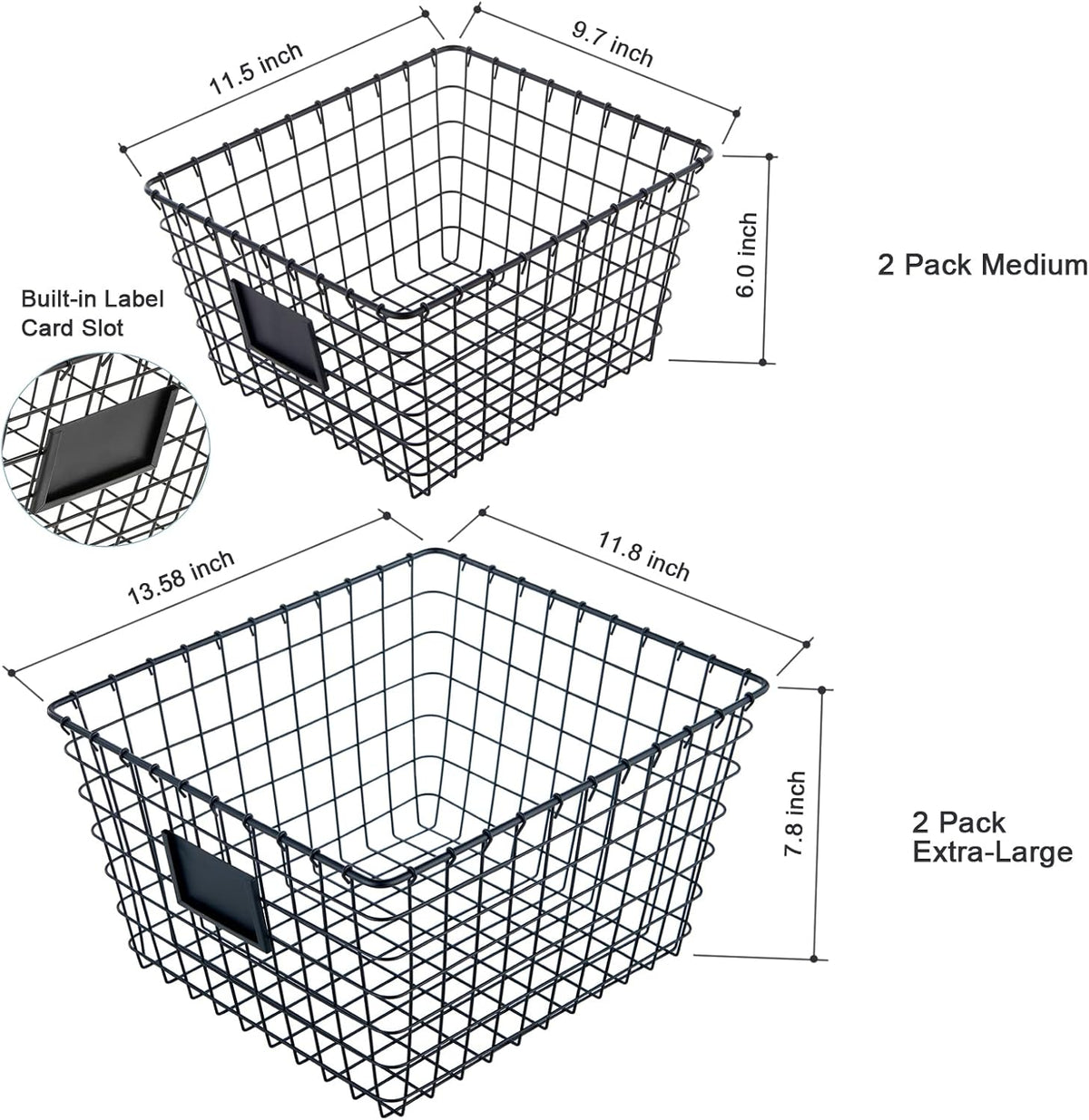 4 Pack【Extra-Large 2+2】 Wire Handmade Storage Basket for Organizing Household Goods,Pantry Organization,Bathroom countertop,Laundry,Wardrobe Storage Basket,Black