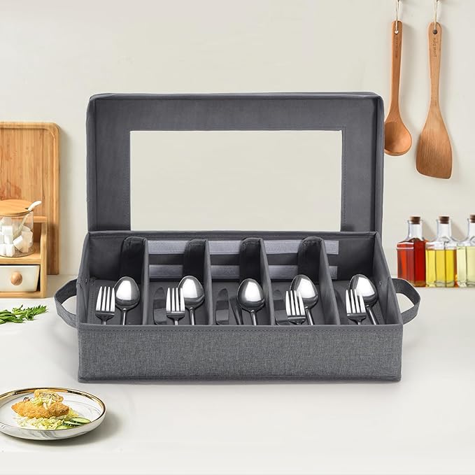 Silverware Storage Box, Flatware Storage, Utensil Storage with Removable Lid and Adjustable Dividers for Organizer Utensils, Cutlery, Flatware, Knives, Large Capacity Gray