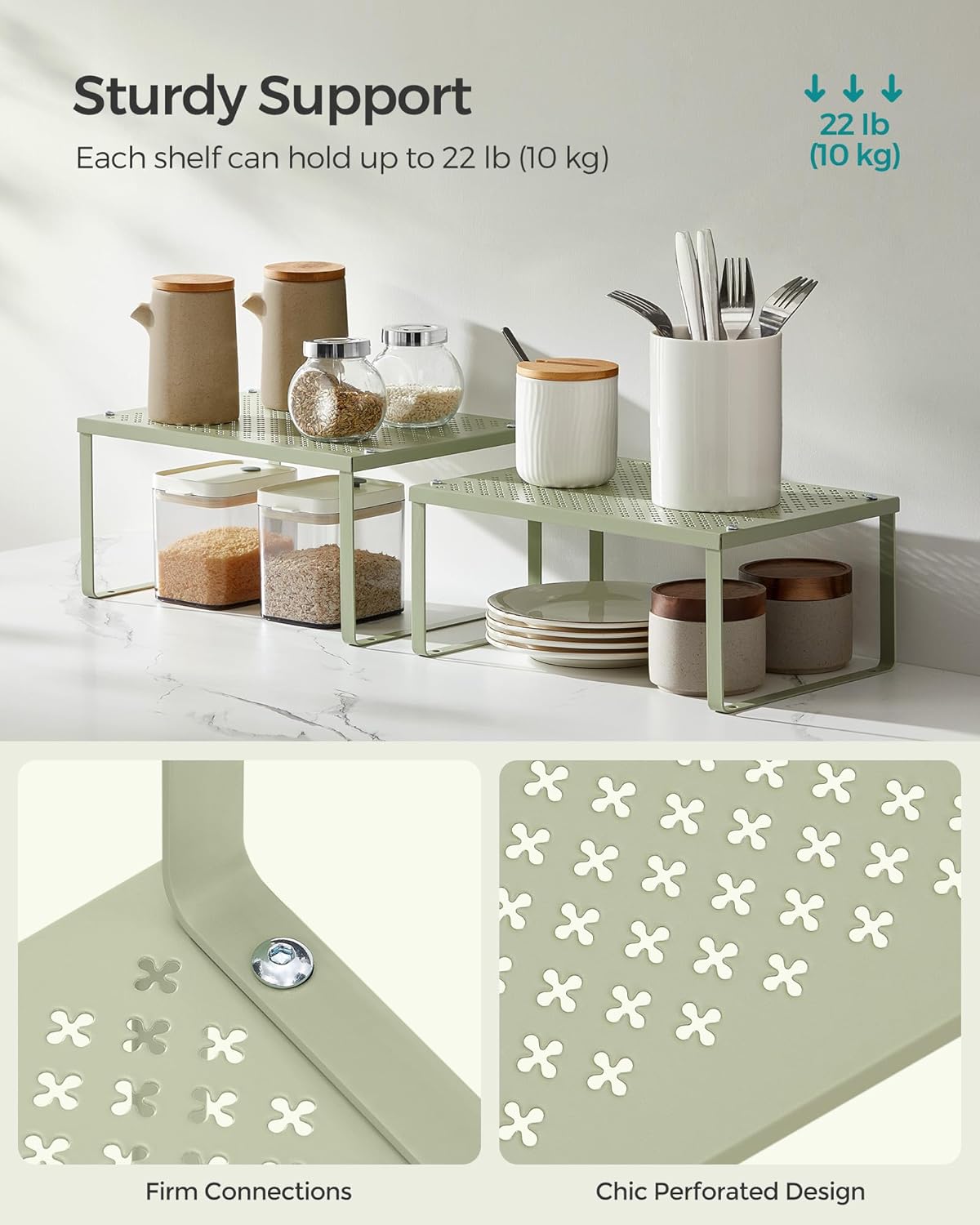 SONGMICS Spice Racks, Set of 4 Metal Cabinet Shelf Organizers, Countertop Organizers, Shelf Risers, Stackable, Expandable, Sage Green UKCS006C01