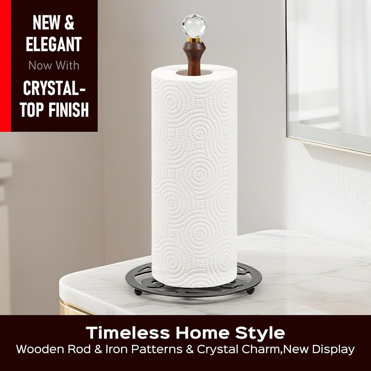Wooden Countertop Paper Towel Holder,Iron Base with Die-Cast Pattern, Solid Wood Rod & Crystal Finial Top,Slow Reveal Artistry, Stable&Durable, Easy Install - Elevates Kitchen Décor(Black)
