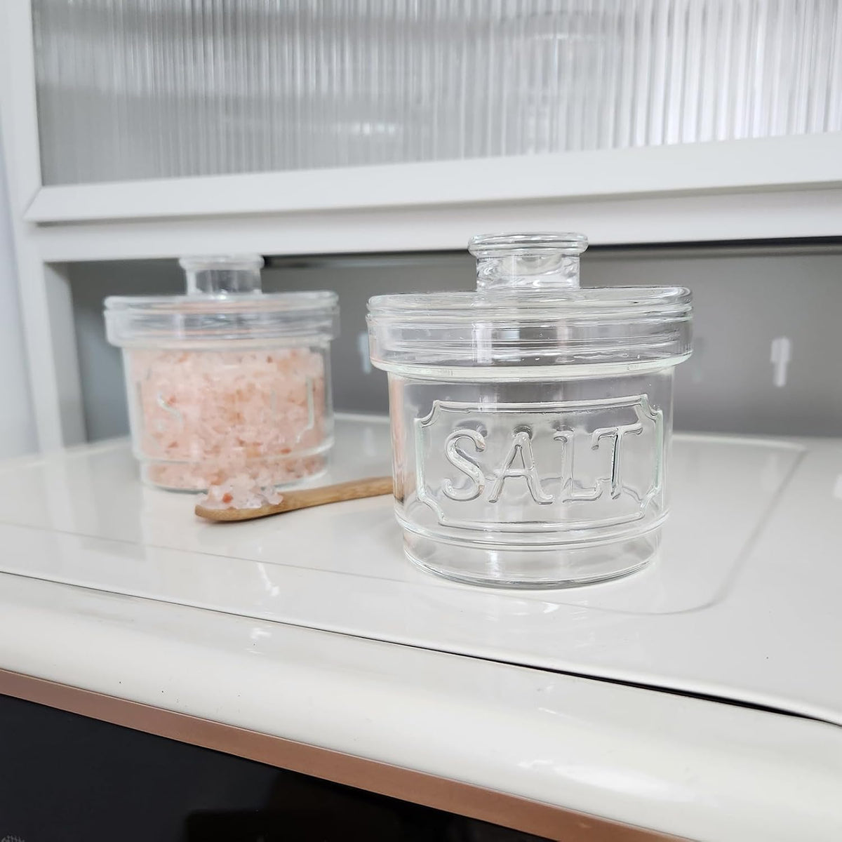 Glass Salt Cellar with Lid Salt Container with Spoon for Countertop Embossed Pattern Salt Box for Storing Sea Salt Flaky Salt Spice 12oz Capacity Holder,Dishwasher Safe