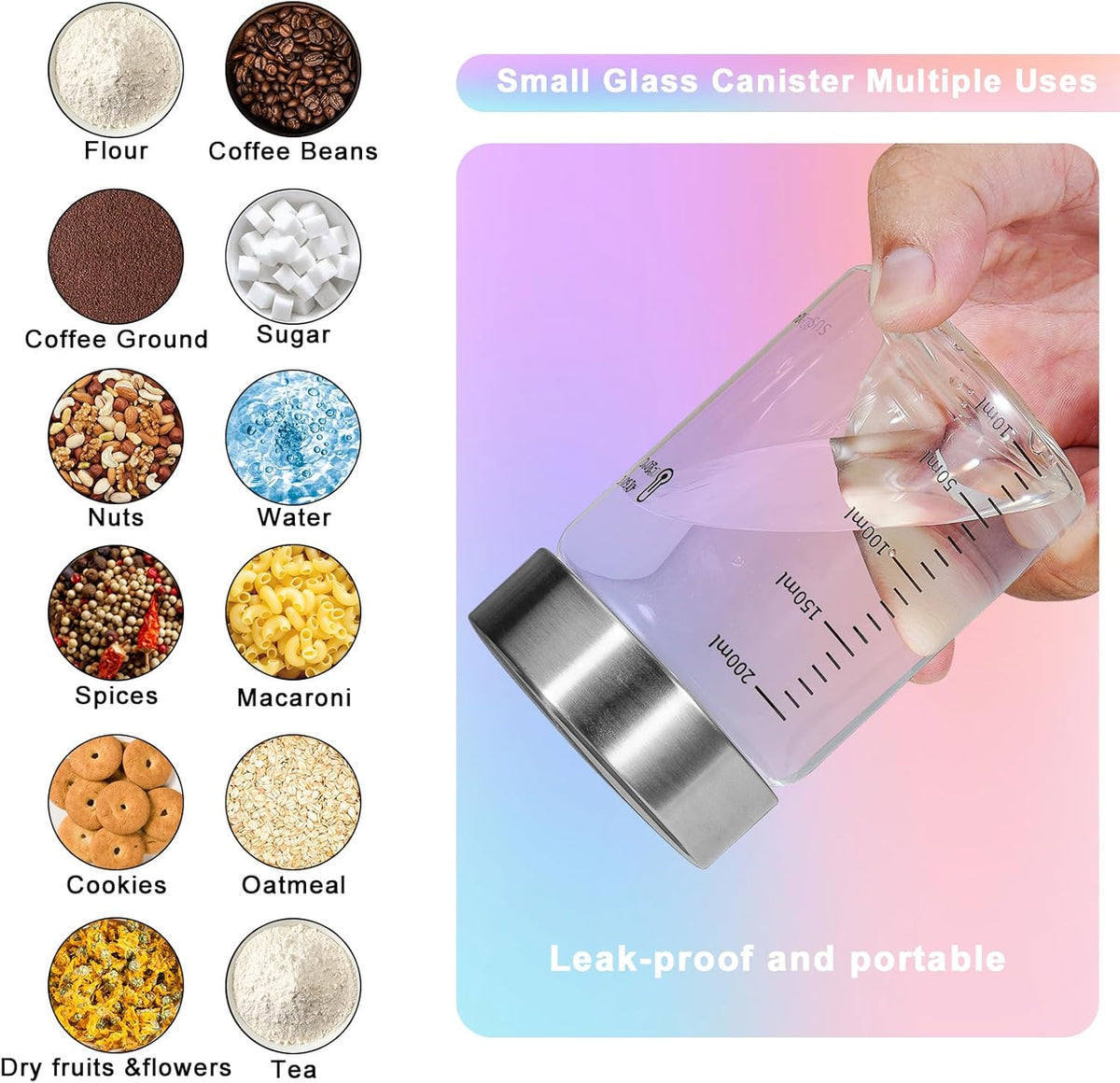 Glass Spice Jar Coffee Sugar Container Airtight Glass Jar Food Storage Canisters Bottle for Kitchen Seasoning Tea Herb Overnight Oats Bar Parfait Snacks (6 * 200ml(6.76oz))
