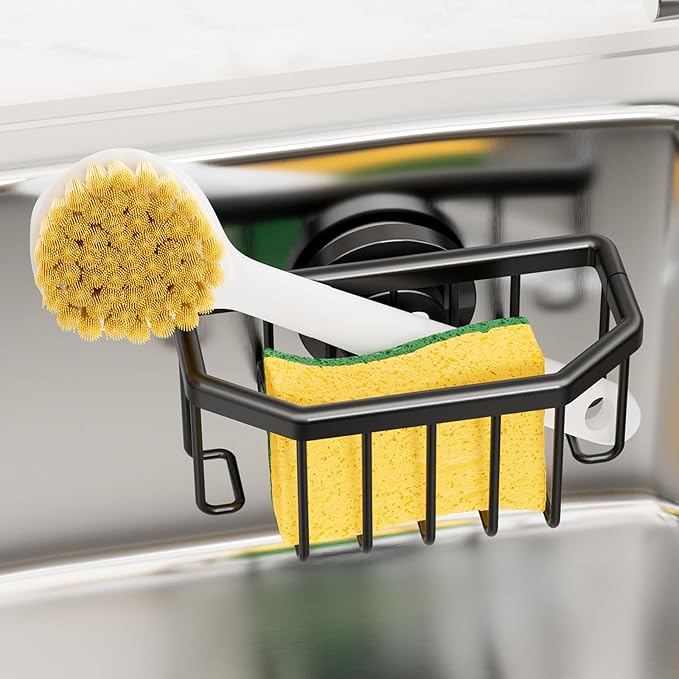TAILI Sponge Holder with Strong Suction Cup, Dish Sponge Caddy Inside Sink Removable, Rustproof Aluminum for Sponges, Brushes, Stoppers and Scrapers - Black