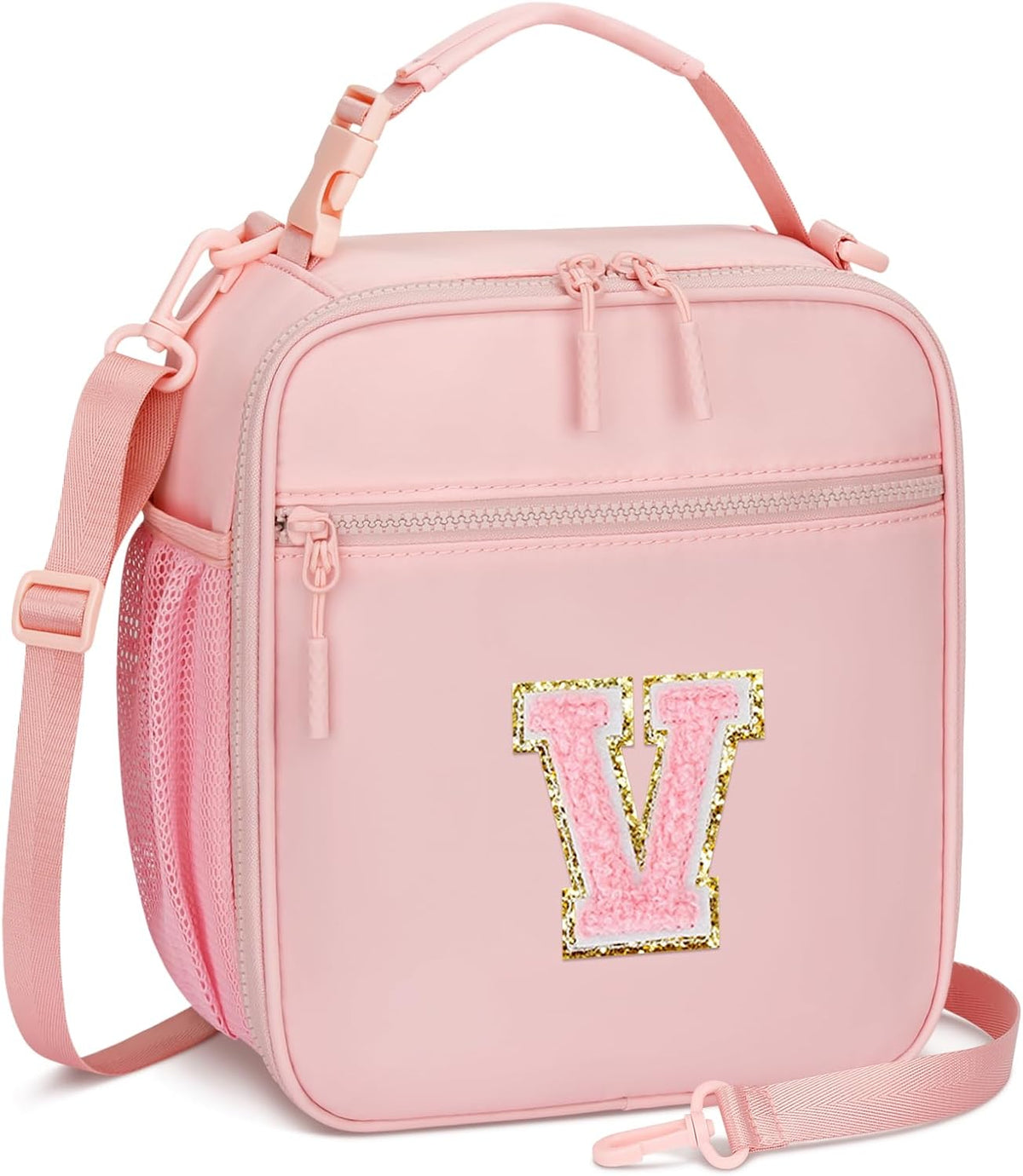 Initial Insulated Lunch Bag for Girls Kids, Back to School Gift, Reusable Leak-proof Lunch Box with Adjustable Strap for School Daycare Travel Picnic (Pink,V)