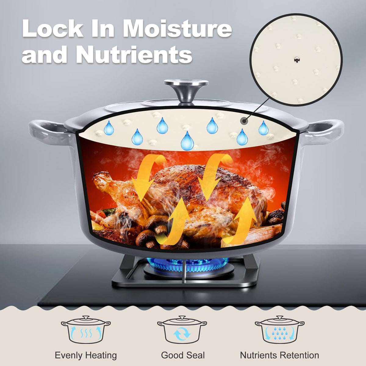 P&P CHEF 5QT Enameled Dutch Oven, Cast Iron Dutch Oven Pot with Lid for Bread Baking, Enameled Casserole Pot for Roasting Braising Stewing Frying Simmering, Various Stoves & Easy Clean, Grey