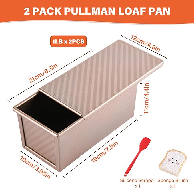 Pullman Loaf Pan with Lid, 2 Pack 1 lb Dough Capacity for Homemade Bread, Non-stick Corrugated Carbon Steel Bread Toast Box with Cover for Bakeware, Sandwich & Toast Oven Baking, Gold