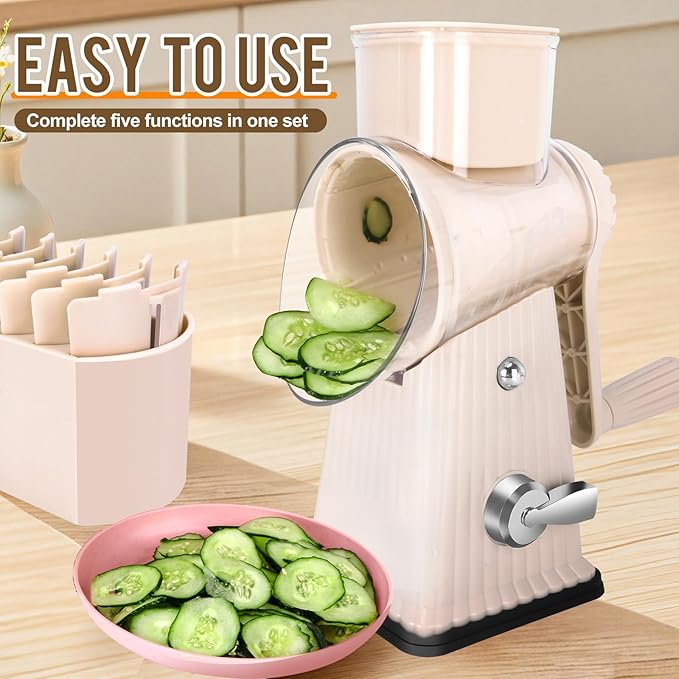Rotary Cheese Grater with 5 Well-designed Blades & Strong Suction Base, Kitchen Mandoline Vegetable Slicer with Blade Storage Box(Off-white)