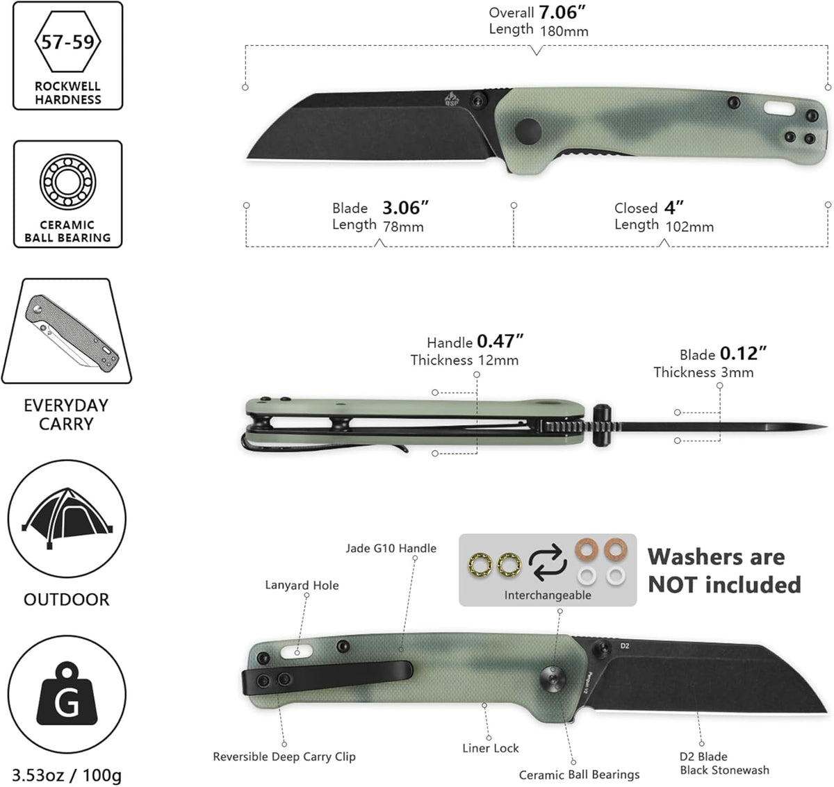 QSP Penguin V2 Folding Pocket Knife, 3.06" D2 Black Stonewash Blade EDC Knife, Jade G10 Handle, Liner Lock, Ceramic Ball Bearings, Reversible SS Deep Carry Clip