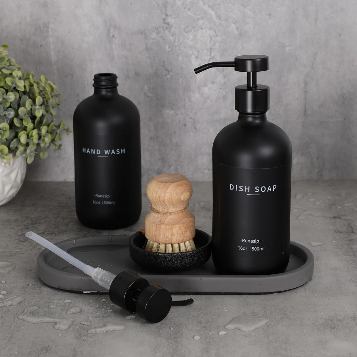 Set of 5 Kitchen Soap Dispenser Set 16 Oz Glass Hand Dish Soap Dispenser with Stainless Steel Pump, Cement Tray, Dish Scrub Brush for Farmhouse Rustic Home Bathroom Decor (Black)