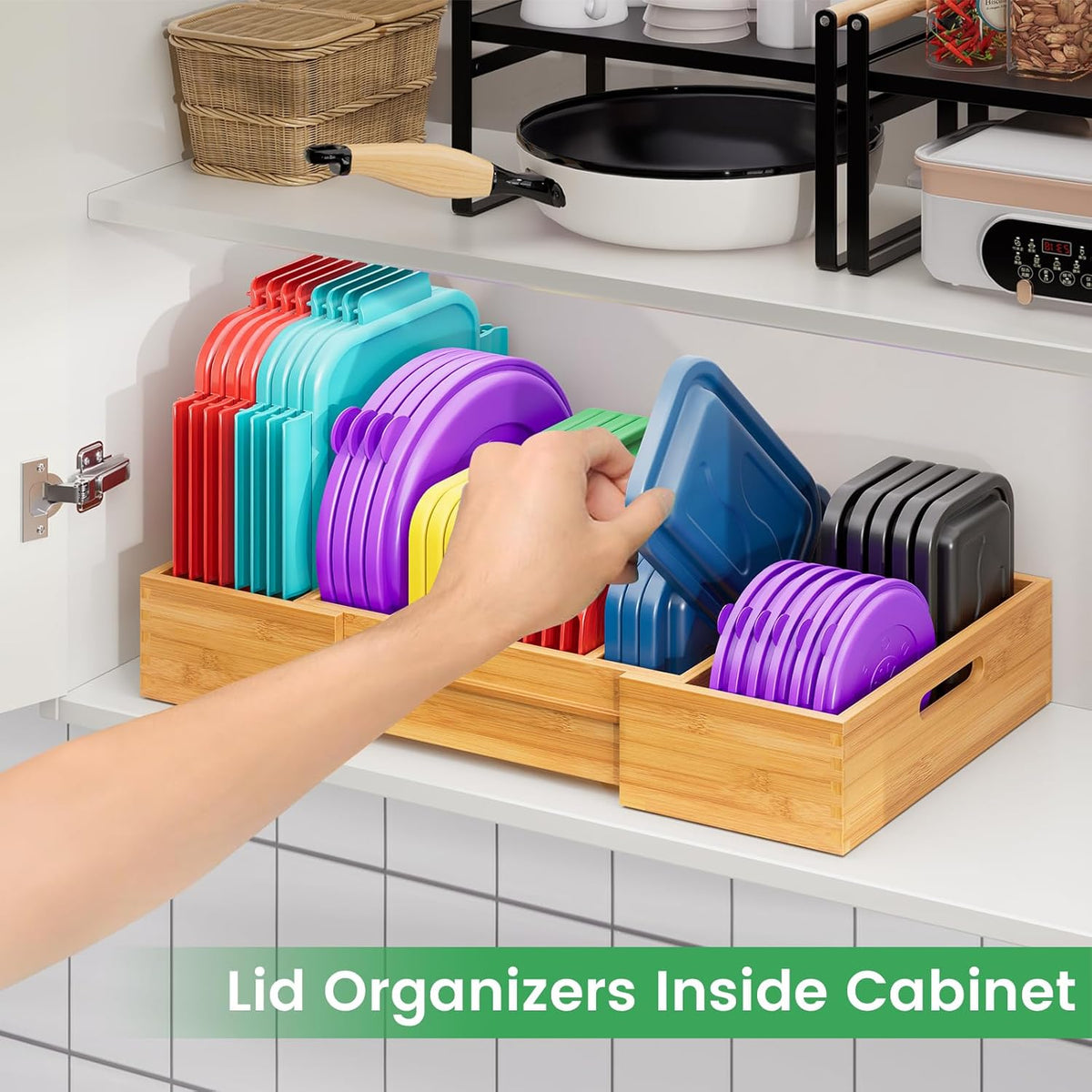 Expandable Bamboo Lid Organizers Inside Cabinet, Kitchen Cabinet Organizers with 3 Adjustable Dividers, Storage Plastic Lids, Food Container Lid Holder Organizer for Drawer Pantry, Nature